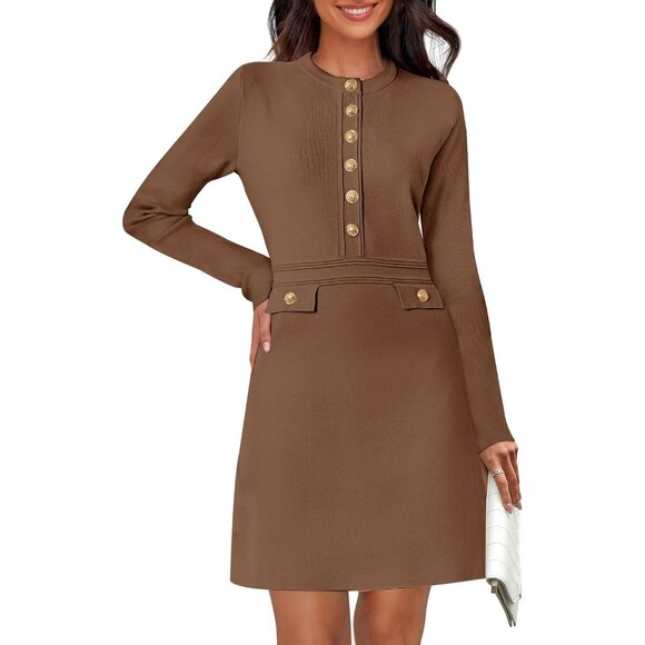 Fall 2025 Long Sleeve Bodycon Coffee Sweater Dress for Women Winter Formal Mini - Picture 1 of 6